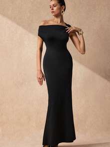 SHEIN Uhlyne Women's Black Gold Asymmetric-Neck Fitted Luxury High-End Metal Accessory Mermaid Long Dress Asymmetric Design Pleated Bodycon Evening Gown Sexy Dress - Black - View 3