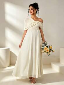Momance Maternity Dress With One Shoulder Chiffon Top Knit Bottom, Double Layer Rib Fabric Long Autumn Fall Wedding Photoshoot Elegant Cream - Apricot - View 4