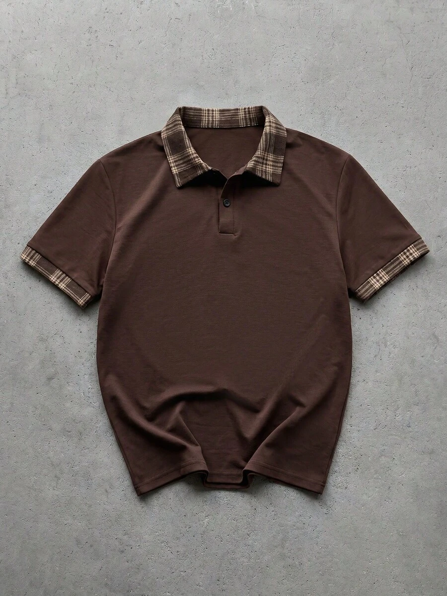 Manfinity VCAY Men's Simple Business Patchwork Polo Shirt For Commuting, Vacation, Father's Day Gifts, Football - Coffee Brown - View 1