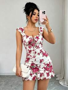 Vestido casual de con lunares, cintura con lazo y volantes - Rosa Fucsia - Ver 3