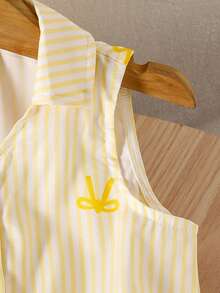 SHEIN Genkimix Kids Combinaison fille décontractée pour vacances, polyvalente et facile à assortir, col rabattu, devant ouvert avec boutons, ceinture, confortable, tissu froissé doux, look denim, pantalon long, convient pour l'automne, pique-nique, sortie, tenues de sœur, port quotidien - Jaune citron - Voir 6