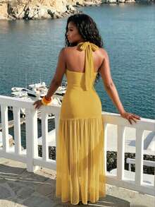 BamGleam Vestido de mujer con cuello extra largo, malla y espalda descubierta con pliegues - Amarillo - Ver 2