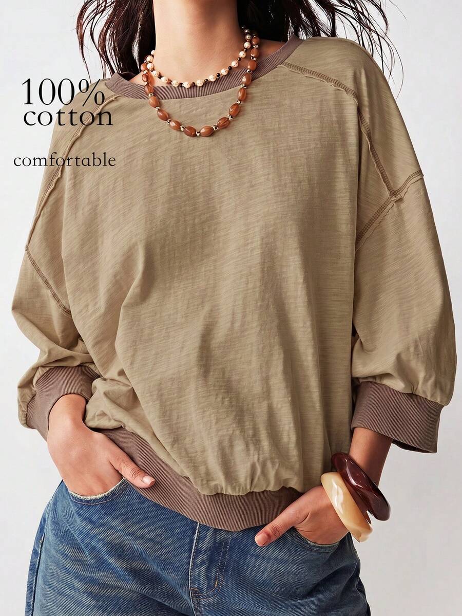 Bohemela 休閒針織配色拼接圓領水洗寬鬆女款 3/4 袖 T-shirt 夏季上衣 春夏嘉年華女裝服飾 - 卡其色 - 查看 1