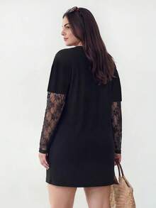 Solavibe Vestido de fiesta casual con patchwork de encaje para mujer de talla grande - Negro - View 2
