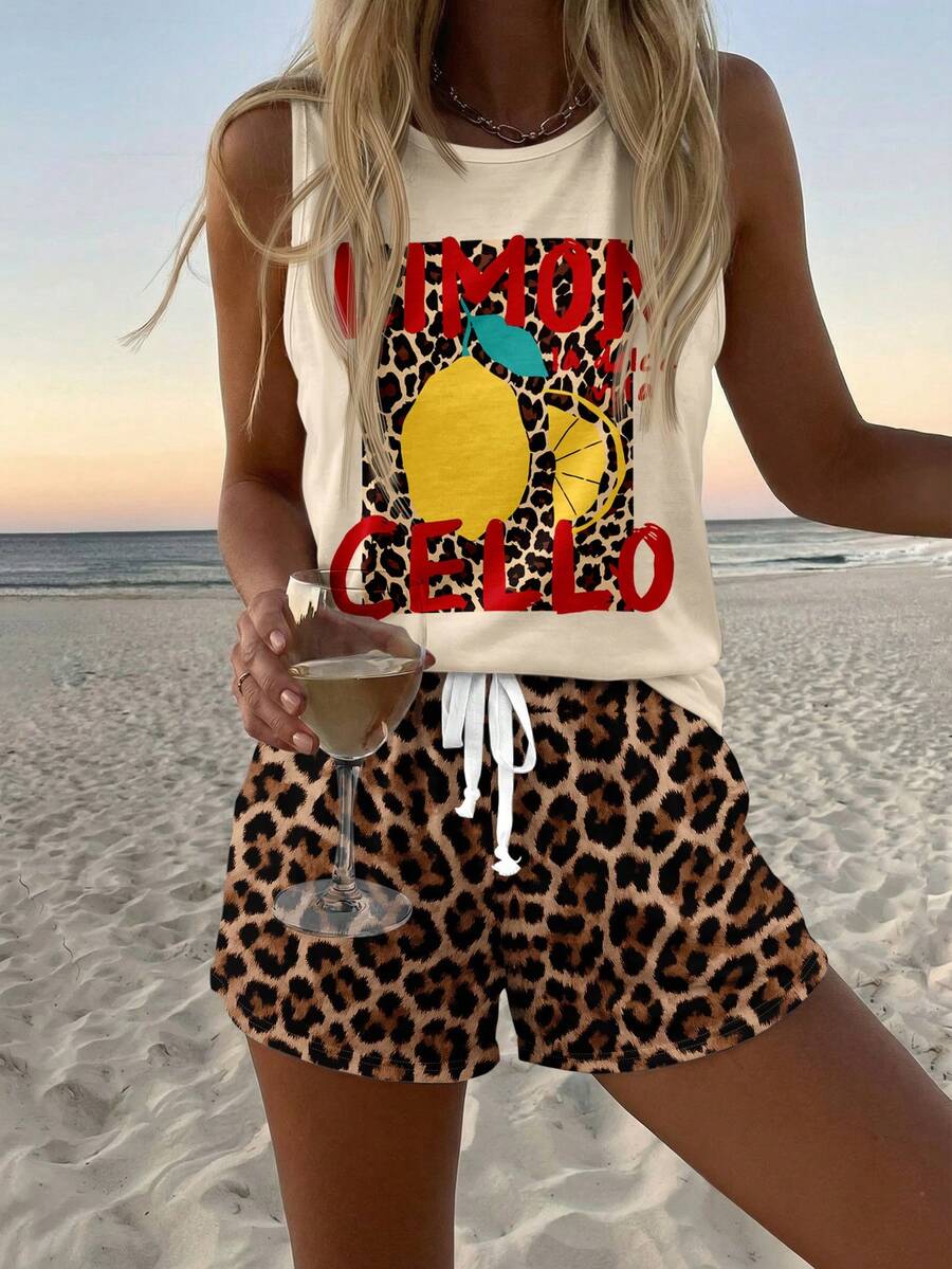 SHEIN LUNE Casual Tropical Women's Round Neck Tank Top And Shorts 2 Pieces Set Suitable For Summer Beach Vacation Beige Brown