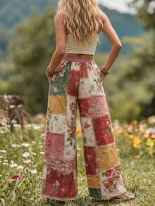 Ceyna Calça Plus Size Feminina Casual Elegante com Estampa Floral Estilo Francês - Multicolorido - Visão 2