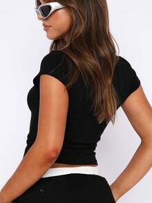 Sundraya Women Summer Short Sleeve Slim Crop Top With Round Neck - Black - View 2
