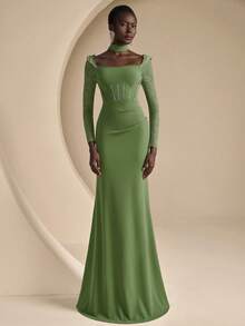 Coutiva Women's Lace Patchwork Formal Evening Gown - Olive Green - View 3