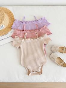SHEIN LMoss Kids 新生女嬰休閒可愛極簡針織素色露肩短袖連身衣3件組 - 淡紫色 - 查看 3