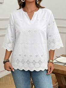 SHEIN LUNE Blusa plus size casual de cor sólida com bordado vazado, ideal para a temporada de verão, casamentos e praia. - Branco - Ver 2