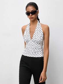 Maija Top casual versatile da donna con scollo all'americana a pois per uso quotidiano - Bianco e nero - Visualizzare 4