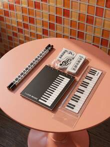 Joivida 1Pc/3Pcs Stationery Set, Holiday Event Gift, Piano Note Theme, Combo Including Pencils, Rulers, Erasers And Notebooks With Black-And-White Keyboard Patterns - Multicolor - View 3