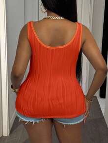 Slaydiva Plus Size Women's Casual Basic Tank Top, Deep V Neck And Fine Ribbed Texture, White - Orange - View 2