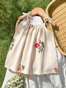 SHEIN 女嬰夏季多彩花卉編織肩帶拼接條紋A字度假洋裝，適合日常休閒與度假場合 - 白色 - 查看 6