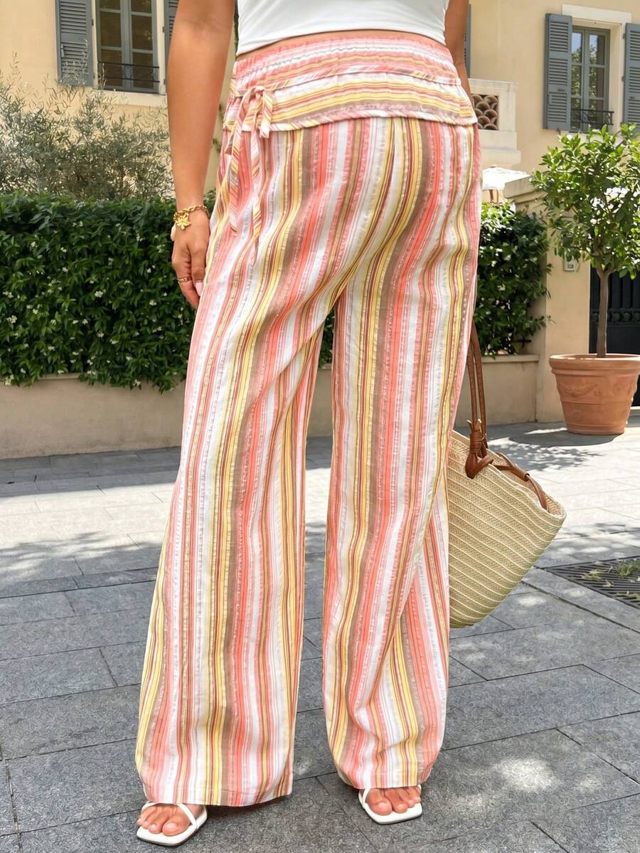 SHEIN 孕婦休閒寬鬆條紋長褲 - 橘色 - 查看 1