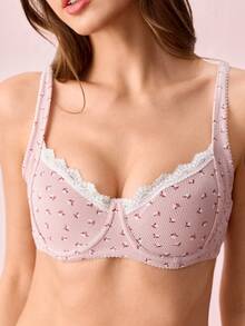 Bonmuse Women's Sweet Floral Ribbed Comfortable Bra, French Lace Trim Soft Cup Supportive Lingerie - Pink - View 6