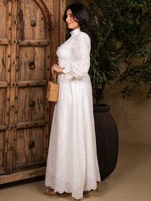 The Leen Edit Women's French Stand Collar Puff Sleeve Dress With Drape Design Fall Cloth For Women Elegant White - White - View 2
