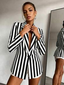Raffinéa Blazer de manga larga con botones y estampado de lunares para mujer - Blanco y Negro 3 - Ver 3