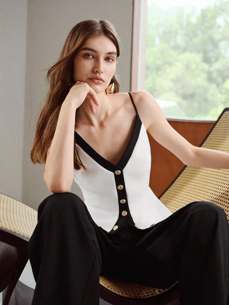 WOMEN'S COLORBLOCK BUTTON DECOR WAIST-CINCHED PEPLUM HEM CAMISOLE TOP