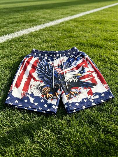 Aesthetic Post Men's American Flag Eagle Graphic Athletic Shorts, Summer Casual Wear, Perfect For Hangouts, Parties, Outdoor & Daily Wear, Fits Guys, Girls, Students & Casual Wearers