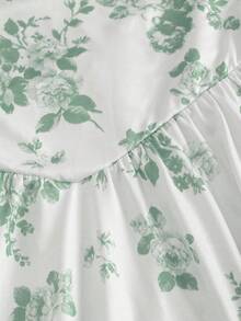 Tween Girls Green Floral Print Cami Dress With Straps Flared Short Polyester Cute Spring Outfit - Green - View 5
