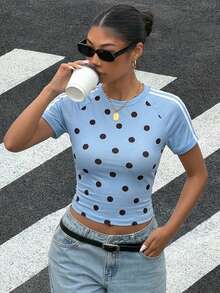 Muchica T-shirt court à manches raglan avec imprimé à pois et bandes de contraste sur les côtés - Bleu ciel - Voir 1