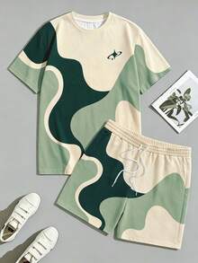 Sorvial Men's Wave Print T-Shirt And Shorts Casual Set, Suitable For Summer - Green - View 2