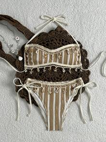 Swim Mod New Women's Beach Pool Party Vacation Fashion Sexy Casual Apricot White Lace Trim Shell & Starfish Pendant Striped Bandeau Strapless Bikini Set - Multicolor - View 4