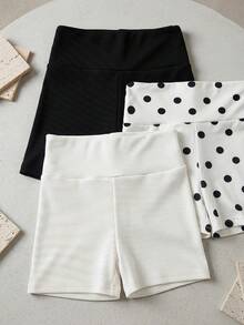 SHEIN LMoss Kids 3件套女童针织纯色波点休闲短裤套装 - 彩色 - 查看 4