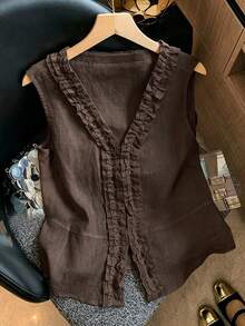 SHEIN Franclia 女款無袖上衣背心，荷葉邊飾邊 V 領，亞麻感面料，夏季優雅法式茶會約會穿搭，深棕色 - 棕色 - 查看 1