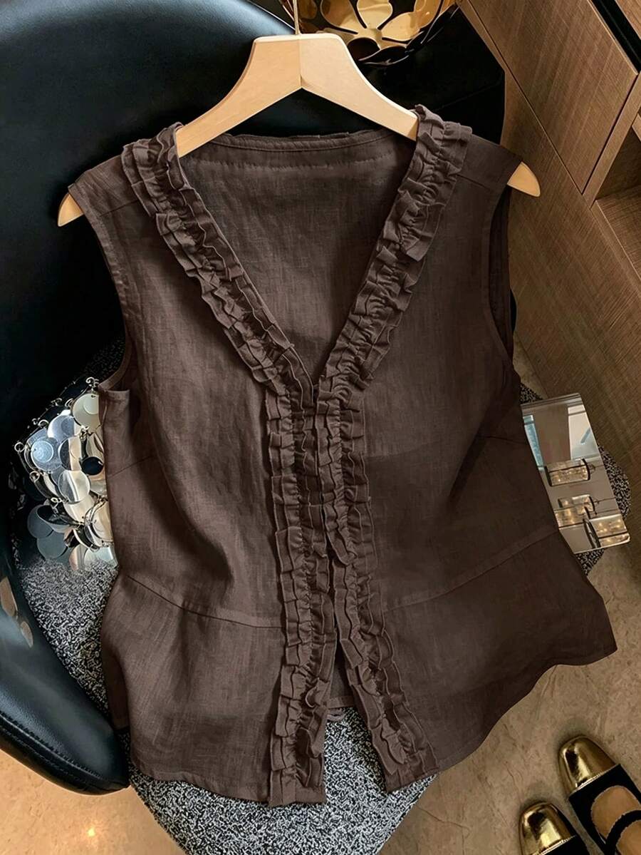 SHEIN Franclia 女款無袖上衣背心,荷葉邊飾邊 V 領,亞麻感面料,夏季優雅法式茶會約會穿搭,深棕色 - 棕色 - 查看 1
