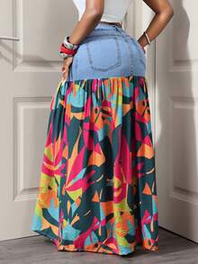 Slaydiva Women's Printed Patchwork Extra Long Denim Skirt - Blue - View 2