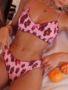 Swim Mod Plaid Fabric Spaghetti Strap Floral Bow Decor Tankini Swimwear Set Pool Party Beach Pink Summer Cute - Multicolor - View 4