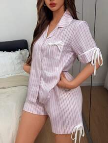 Napfluff 休閒居家韓系可穿戴翻領對比滾邊條紋印花短袖女款睡衣短褲套裝 - 粉色 - 查看 3