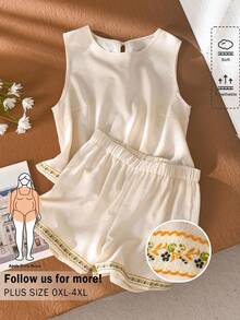 CosyJoli Bộ 2 món áo tank top và quần short nữ size lớn, phong cách thường ngày đi du lịch, dây dệt trang trí - Nhiều màu - Xem 5