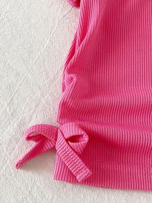 SHEIN Playful Pals 2件組女嬰幼兒羅紋圓領荷葉袖短袖T恤與圖案長褲套裝，女嬰服飾，嬰兒上衣，派對、度假、花卉、田園風，適合夏季 - 粉色 - 查看 4