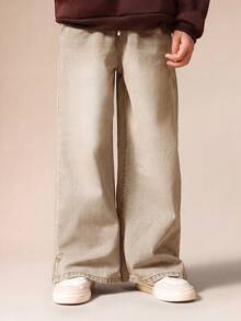 SUMWON Boys Pull On Wide Leg Jeans With Split Hem Details Relaxed Fit Casual Denim Pants - Beige - View 4