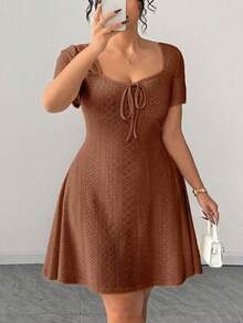 Elenzga Plus Size Fitted Slimming Fashion Yellow Jacquard Dress - Brown - View 6