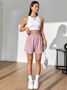 Flirla Celana Pendek Wanita Kasual Sederhana Warna Polos dengan Hiasan Ruffle di Pinggang, Cocok untuk Liburan Musim Panas Warna Merah Muda Pucat - Baby Pink - View 6