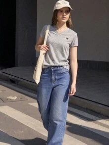 Jouncy 女款蝴蝶結印花V領短袖休閒百搭T恤 - 淺灰色 - 查看 6