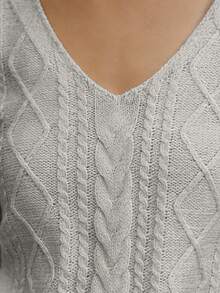 EMERY ROSE Top de mujer primavera/verano minimalista casual color albaricoque con cuello en V de cuerda retorcida, hombros regulares, manga corta, versátil, unicolor, punto de cable, ajustado, tipo pullover - Gris Claro - Ver 5