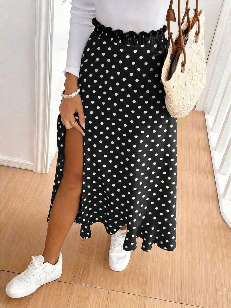 SHEIN Frenchy 女款圓點開衩設計休閒百搭日常出遊裙 - 黑色 - 查看 1