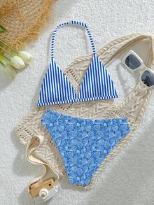SHEIN Teen Girls 2pcs Reversible Swimwear Set, Halter Top With Adjustable Buckle And Triangle Bikini Bottom, Shell & Stripe Print Knit Fabric, Casual Style For Summer Beach, Pool, Vacation, Summer Holiday Party - Multicolor - View 2