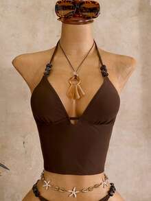 Bonvoyette Women's 2026 Spring/Summer New Coffee Color Beaded Trim V-Neck Backless Adjustable Triangle Bikini Set, 2 Pieces - Coffee Brown - View 5