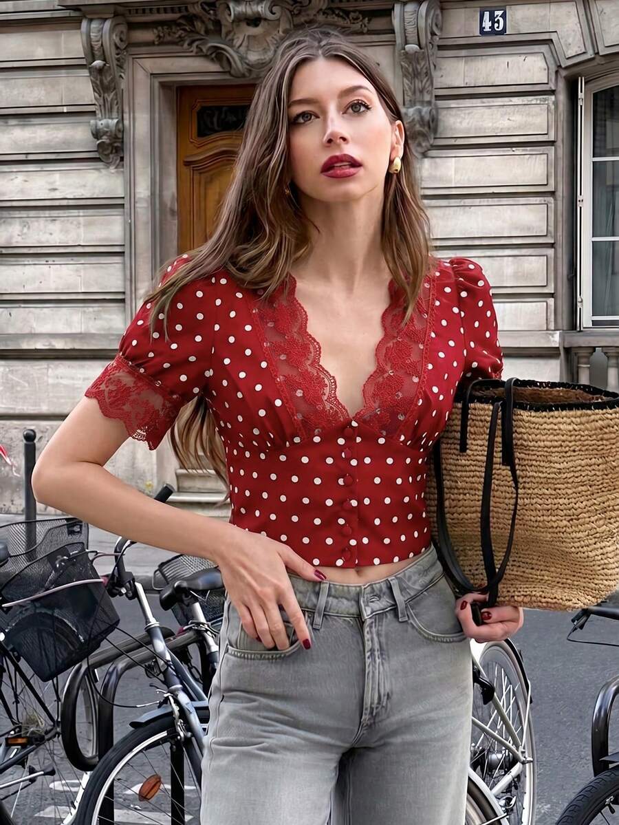 Pariaura Women's French Floral Lace Blouse - Red - View 1