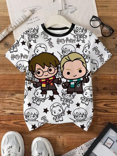 HARRY POTTER X SHEIN Tween Boy Cartoon Pattern Print Fashion Simple Crew Neck Contrast Color Short Sleeve T-Shirt