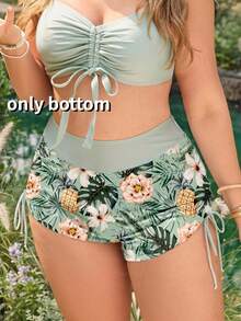 Swim Lushoire Plus Size Women Summer Beach Vacation Tropical Print Drawstring Ruched Tie Front Swimwear Bottom - Hot Pink - View 3