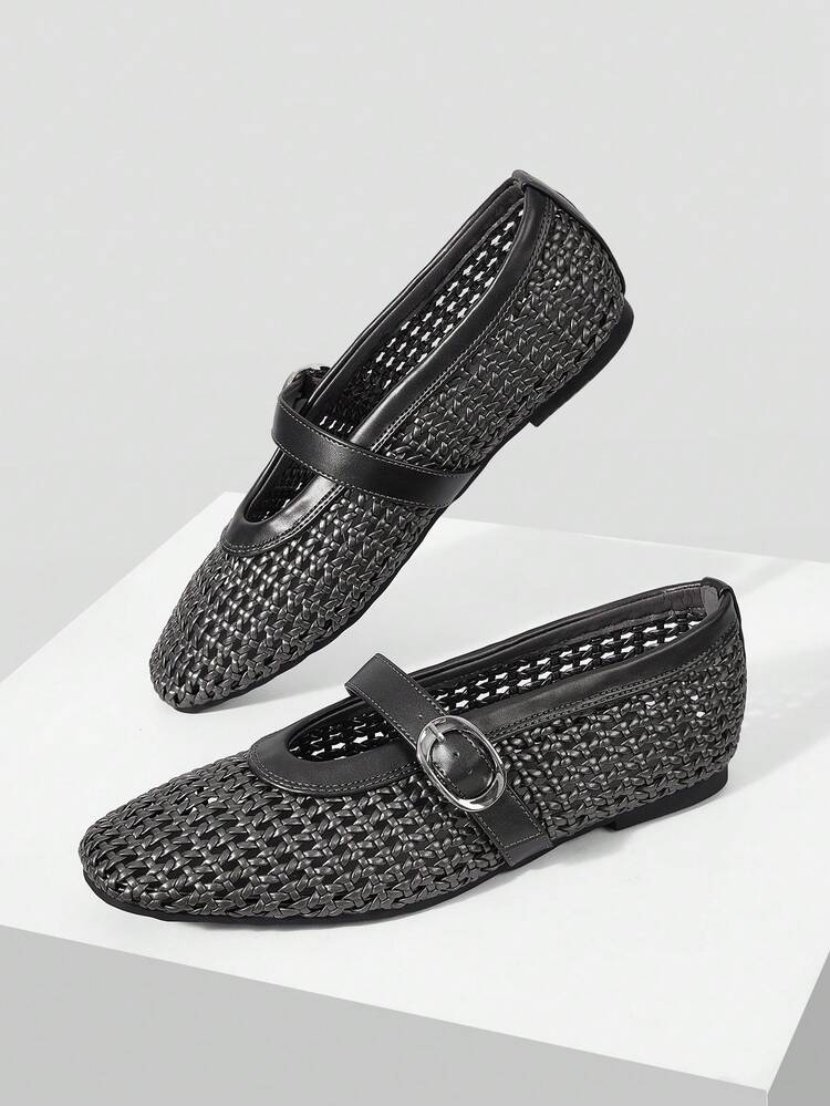 SPRING AND SUMMER NEW FRENCH FASHION RETRO HOLLOW WOVEN FISHING NET SHOES WOMEN'S BALLET SHOES SQUARE TOE FLAT MARY JANE SHOES LIGHT AND COMFORTABLE