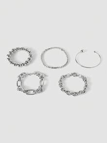 MortiRose Set Gelang Rantai dan Manik-Manik Tebal Berlapis Desain Koin Kuno Minimalis Berlebihan Bergaya Vintage 5 Buah, Cocok untuk Kencan, Liburan, Pemakaian Sehari-hari, Pesta, dan Hari Raya. - Perak - View 4