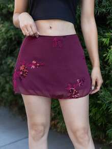 Andrea Bello New Chinese-Style Sexy Sheer Embroidered Green Short A-Line Skirt For Women Summer - Burgundy - View 5